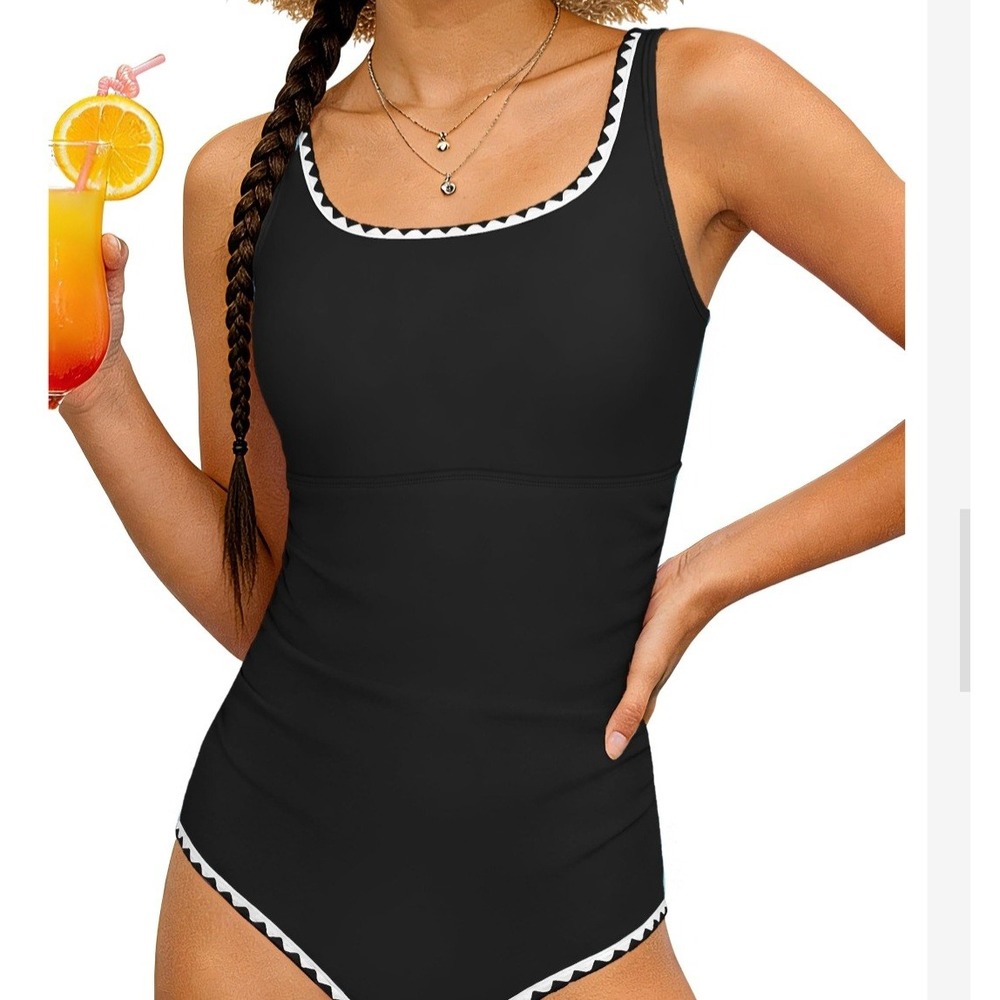 Black One Piece Swimsuit White Scalloped Trim Square Neck Girls Size 13-14Y